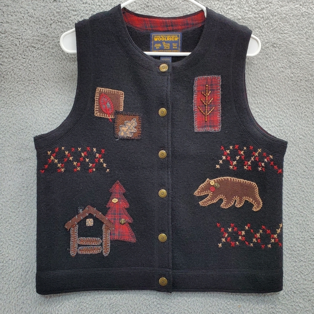 Woolrich Vest Womens Small Wool Black Bear Tree House Print Grandma Core